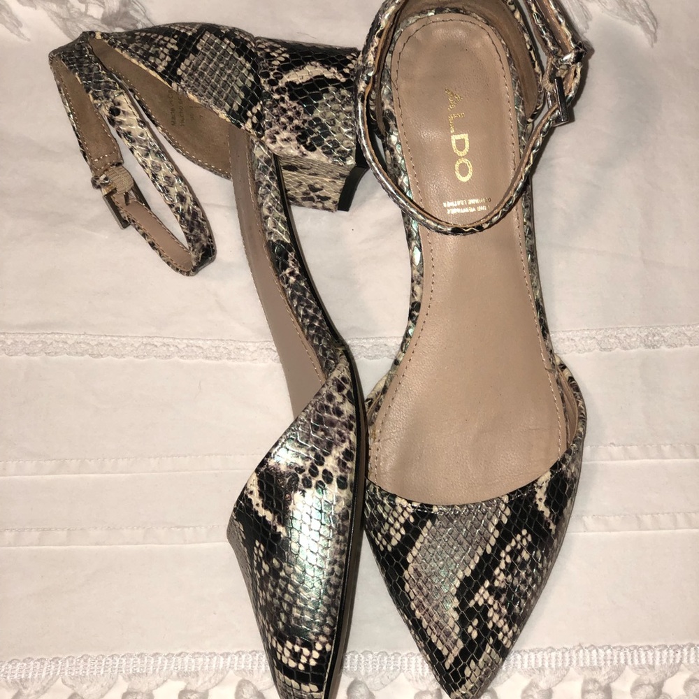 ALDO Snake Print Point Toe Chunky Heeled Ankle Strap Pumps